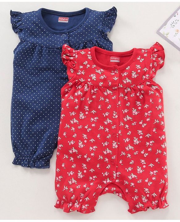 Babyhug 100% Cotton Cap Sleeves Romper Floral & Dot Print Print Pack of 2 - Blue Red