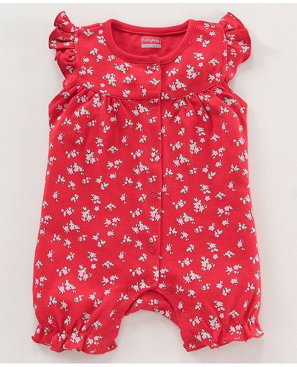 Babyhug 100% Cotton Cap Sleeves Romper Floral & Dot Print Print Pack of 2 - Blue Red