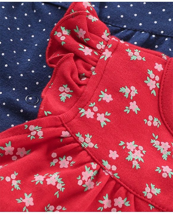 Babyhug 100% Cotton Cap Sleeves Romper Floral & Dot Print Print Pack of 2 - Blue Red