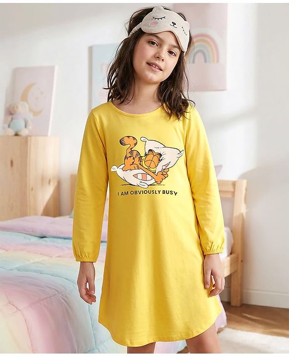 Pine Kids Full Sleeves Bio-Washed Night Gown Garfield Collection - Gold