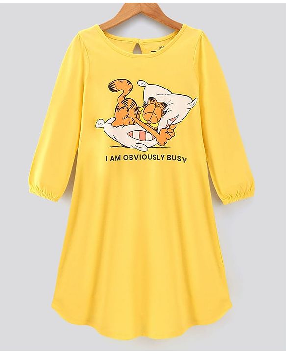 Pine Kids Full Sleeves Bio-Washed Night Gown Garfield Collection - Gold