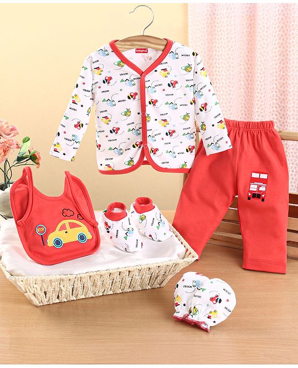 Babyhug Clothing Gift Set Car Theme Red & White - Pack of 5