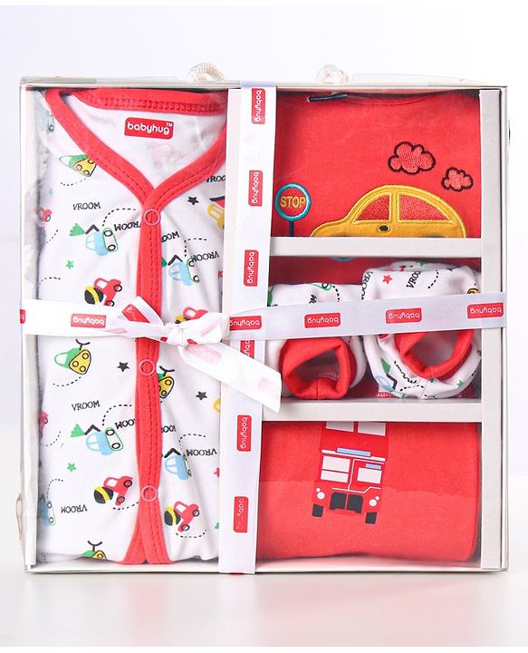Babyhug Clothing Gift Set Car Theme Red & White - Pack of 5