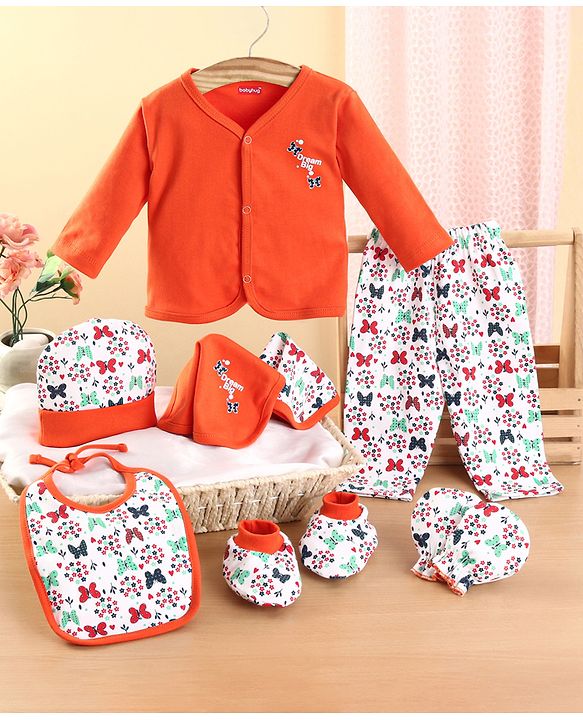Babyhug 100% Cotton Clothing Gift Set Butterfly Theme Red & White - Pack of 8