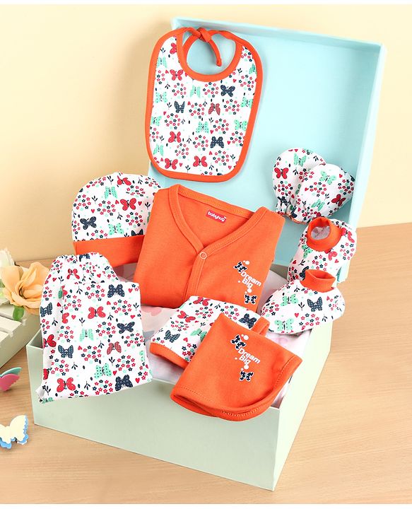 Babyhug 100% Cotton Clothing Gift Set Butterfly Theme Red & White - Pack of 8