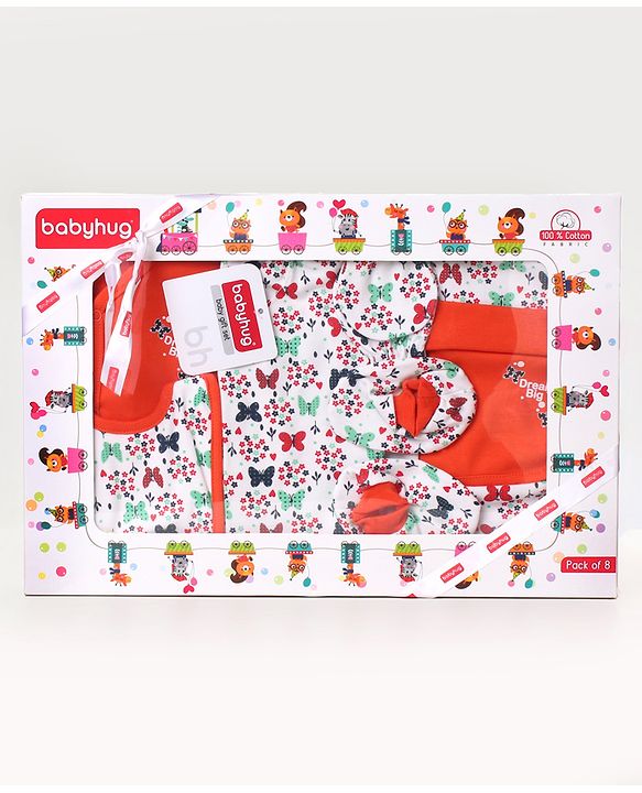 Babyhug 100% Cotton Clothing Gift Set Butterfly Theme Red & White - Pack of 8