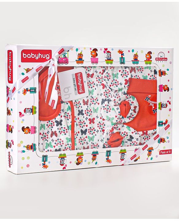 Babyhug 100% Cotton Clothing Gift Set Butterfly Theme Red & White - Pack of 8