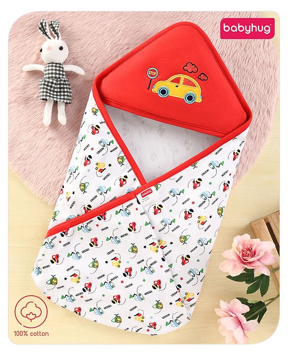 Babyhug 100% Cotton Hooded  Wrapper Car Print - Red & White