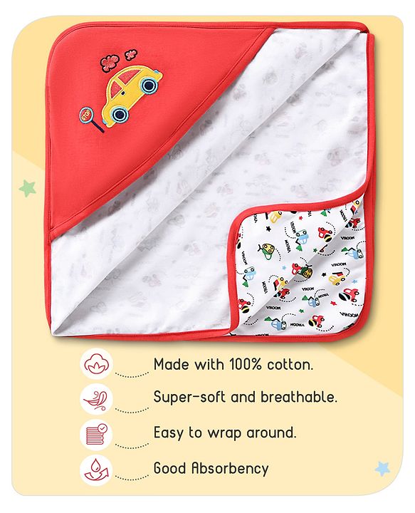 Babyhug 100% Cotton Hooded  Wrapper Car Print - Red & White