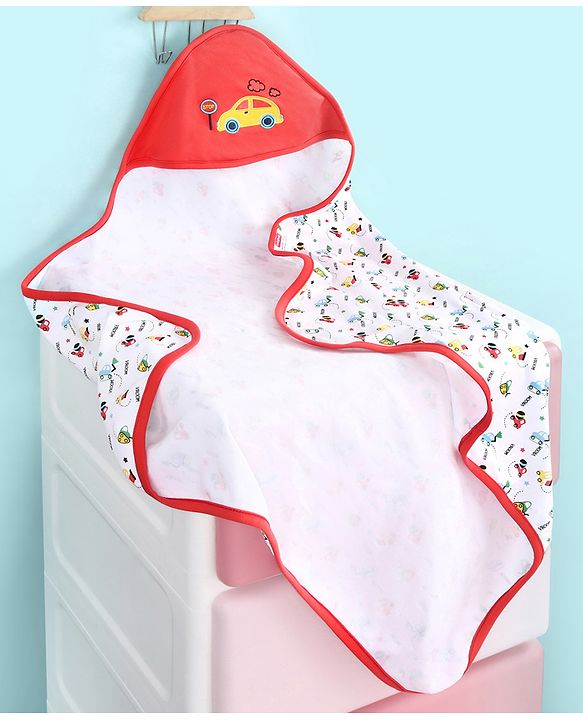 Babyhug 100% Cotton Hooded  Wrapper Car Print - Red & White
