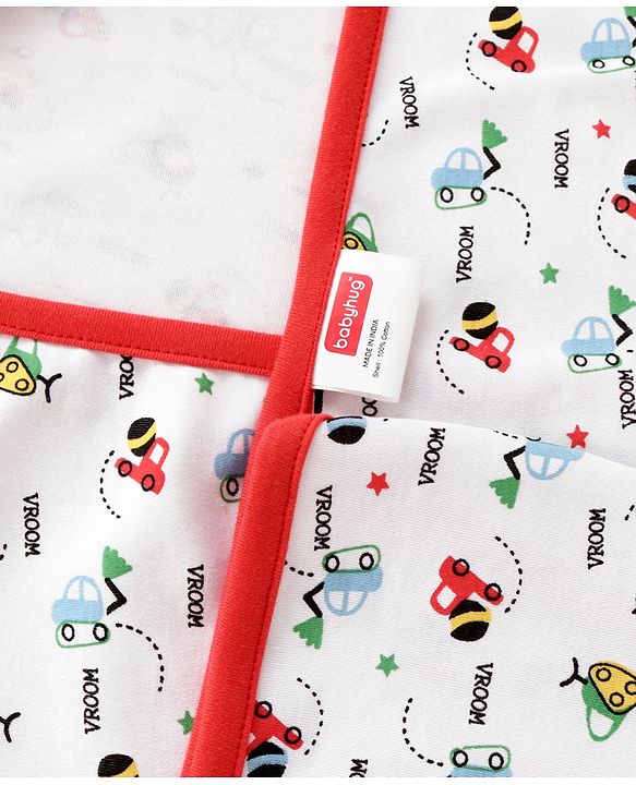 Babyhug 100% Cotton Hooded  Wrapper Car Print - Red & White