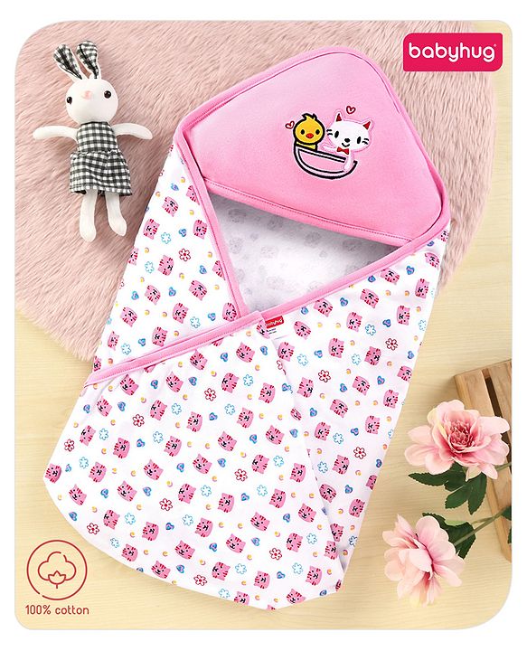 Babyhug 100% Cotton Hooded  Wrapper Car Print - Red & White