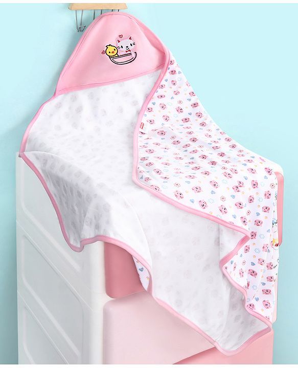 Babyhug 100% Cotton Hooded  Wrapper Car Print - Red & White