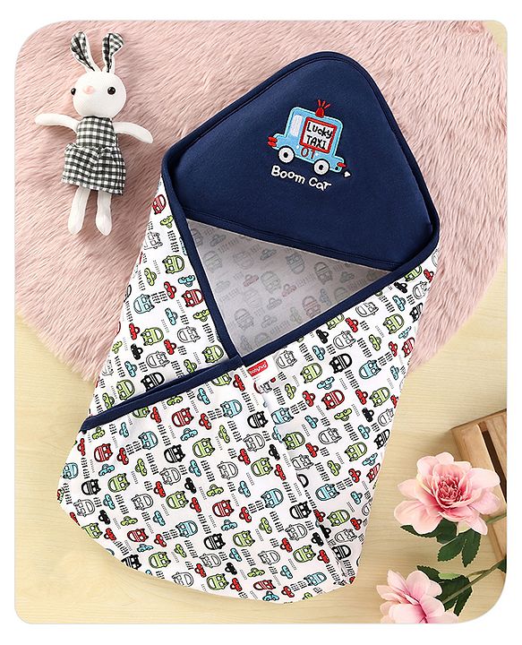 Babyhug 100% Cotton Hooded  Wrapper Car Print - Red & White