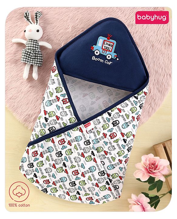 Babyhug 100% Cotton Hooded  Wrapper Car Print - Red & White