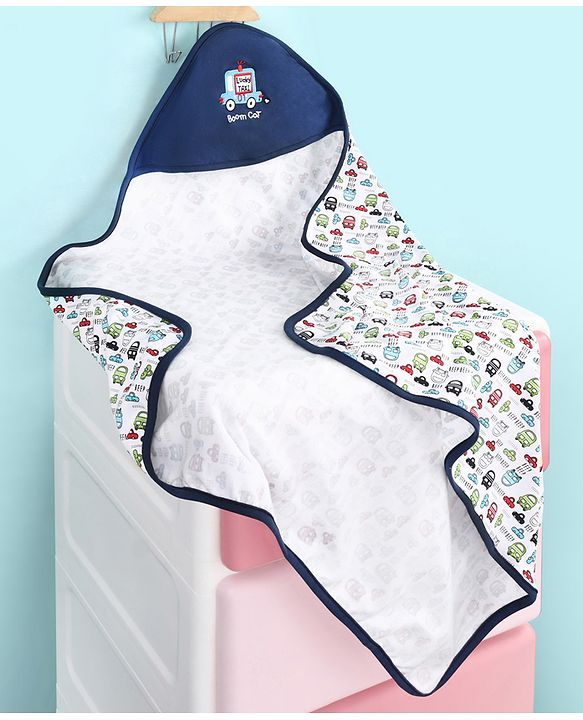 Babyhug 100% Cotton Hooded  Wrapper Car Print - Red & White