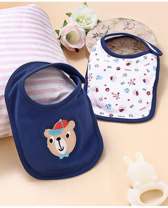 Babyhug Cotton Snap Buttons Closure Bear Print Pack of 2 - Blue & White