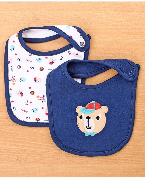 Babyhug Cotton Snap Buttons Closure Bear Print Pack of 2 - Blue & White