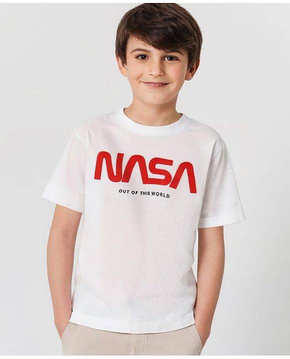 Pine Kids Half Sleeves NASA Collection Bio Washed T-shirt Text Print - White