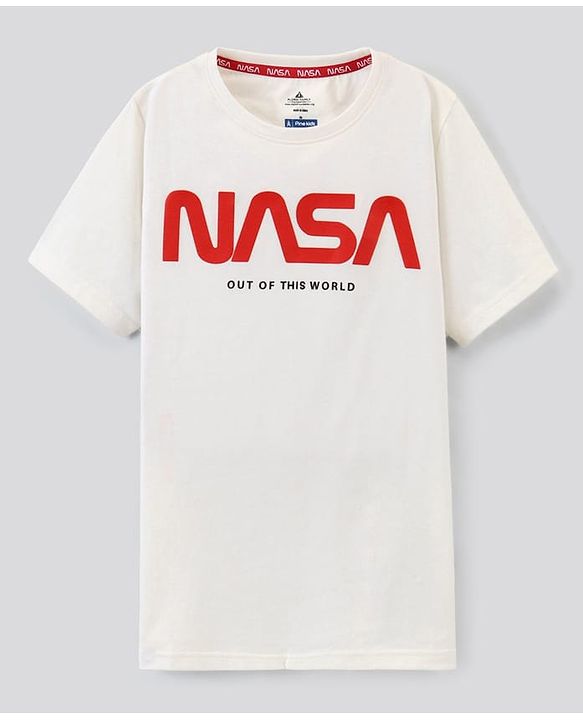 Pine Kids Half Sleeves NASA Collection Bio Washed T-shirt Text Print - White