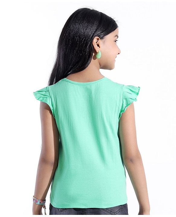 Pine Kids Frill Sleeves Bio Washed T-Shirt Snoopy Print - Light Green