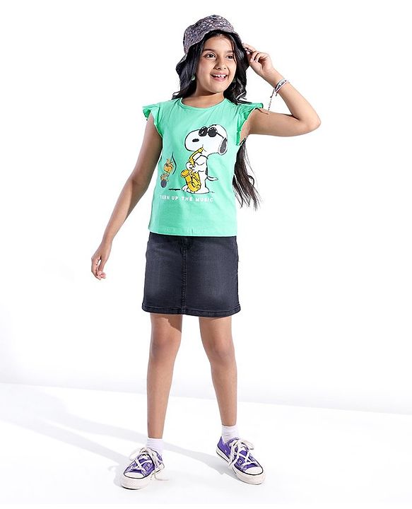 Pine Kids Frill Sleeves Bio Washed T-Shirt Snoopy Print - Light Green
