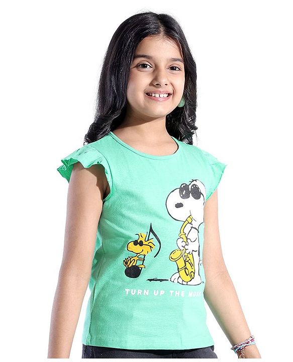 Pine Kids Frill Sleeves Bio Washed T-Shirt Snoopy Print - Light Green