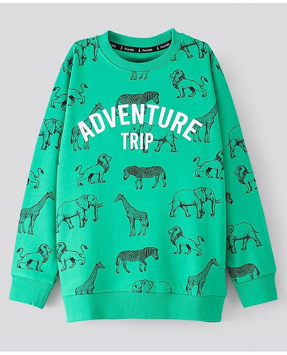Pine Kids Full Sleeves Biowash Sweatshirt Animals Print - Green
