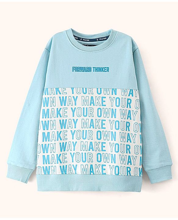 Pine Kids Full Sleeves Biowash Sweatshirt Text Print - Aqua