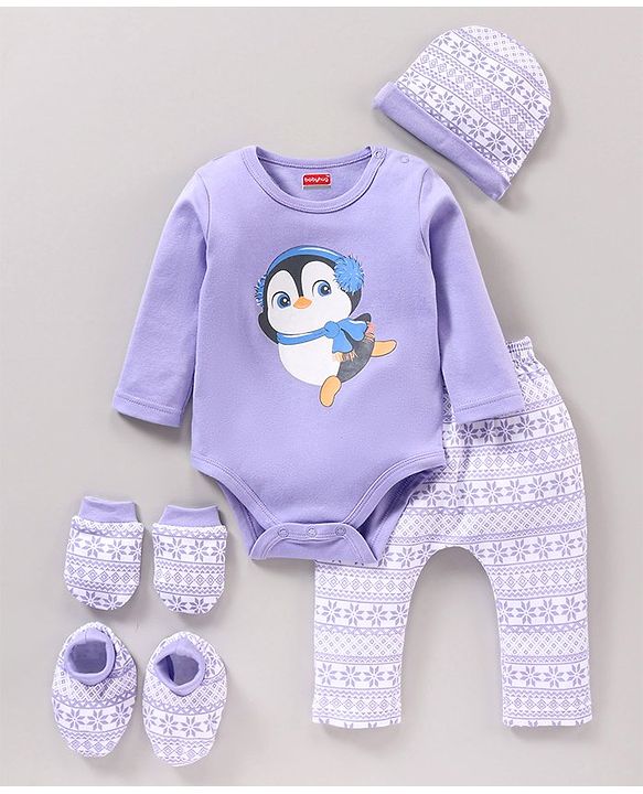 Babyhug Full Sleeves Onesies with Leggings Cap Mittens & Booties - Purple