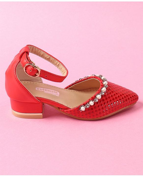 Cute Walk by Babyhug Bellies With Buckle Closure Pearl & Stud Embellishments- Red