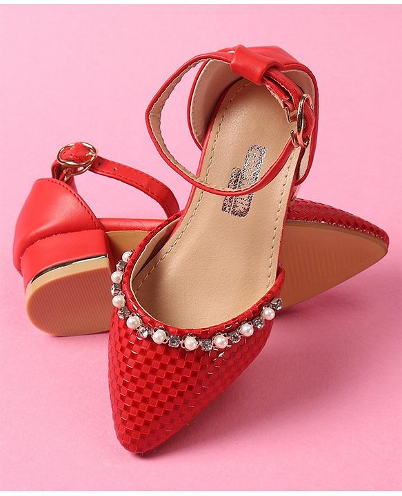 Cute Walk by Babyhug Bellies With Buckle Closure Pearl & Stud Embellishments- Red