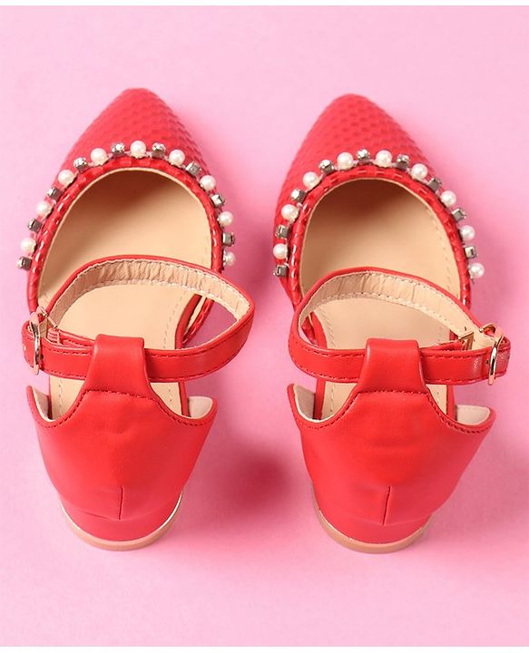 Cute Walk by Babyhug Bellies With Buckle Closure Pearl & Stud Embellishments- Red