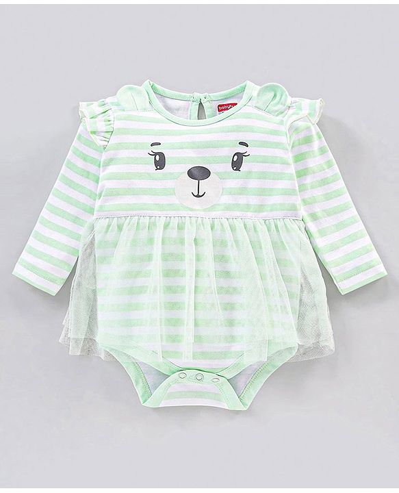 Babyhug 100% Cotton Full Sleeves Striped Frock Style Onesie - Green
