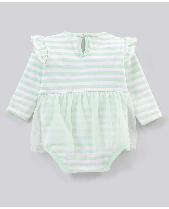 Babyhug 100% Cotton Full Sleeves Striped Frock Style Onesie - Green