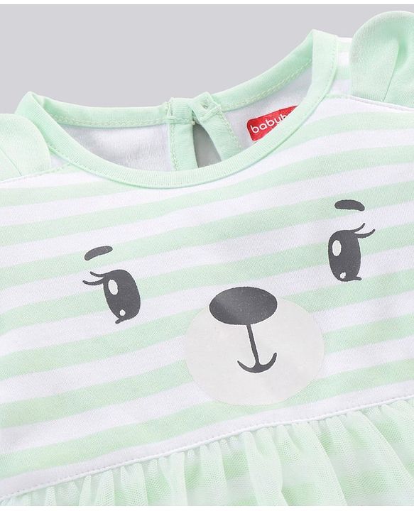 Babyhug 100% Cotton Full Sleeves Striped Frock Style Onesie - Green