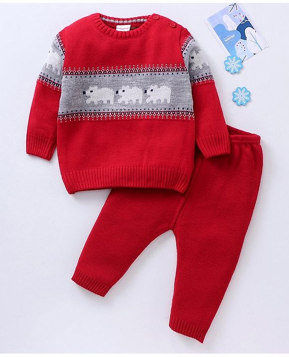 Babyhug Full Sleeves Baby Sweater Set with Animal Design - Red