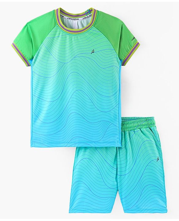 Pine Active Half Sleeves T-Shirt With Shorts Contour Print - Blue & Green
