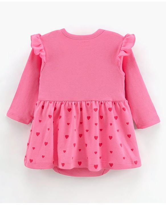 Babyhug Full Sleeves 100% Cotton Frock Style Onesie Heart Print - Pink