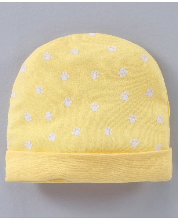 Babyhug 100% Cotton Cap Mittens & Booties Paw Print Yellow - Circumference 38 cm