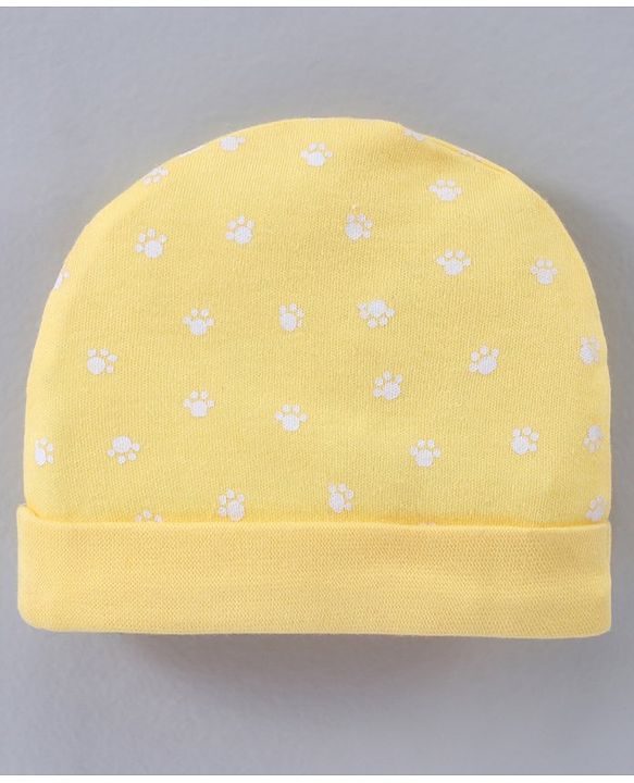 Babyhug 100% Cotton Cap Mittens & Booties Paw Print Yellow - Circumference 38 cm