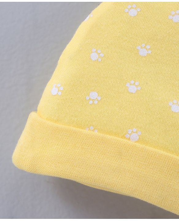 Babyhug 100% Cotton Cap Mittens & Booties Paw Print Yellow - Circumference 38 cm