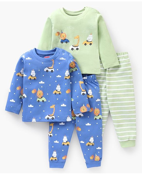 Babyhug Cotton Knit Full Sleeves Cartoon Lions Printed Night Suit Pack of 2 - Green Blue