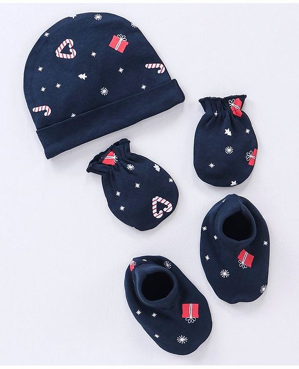 Babyhug 100% Cotton Cap Mittens & Booties Set Christmas Theme Print - Navy