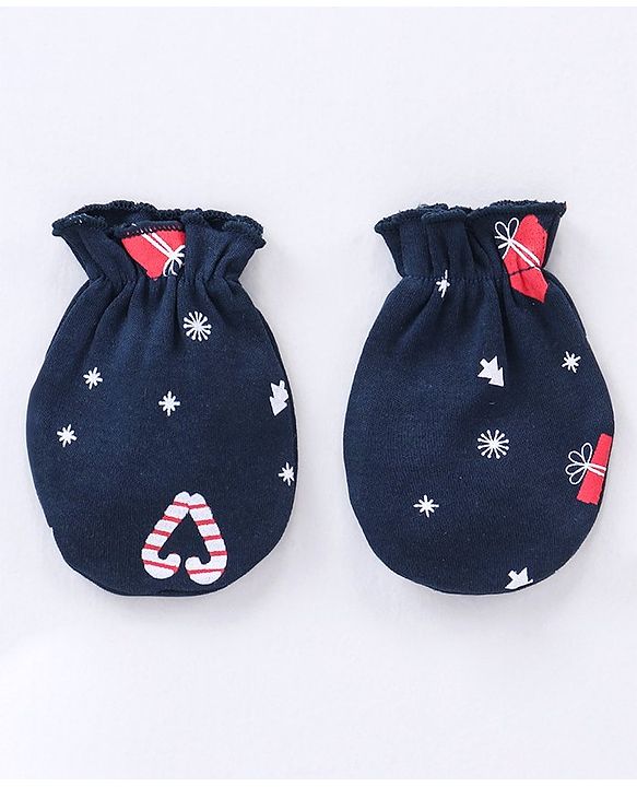 Babyhug 100% Cotton Cap Mittens & Booties Set Christmas Theme Print - Navy