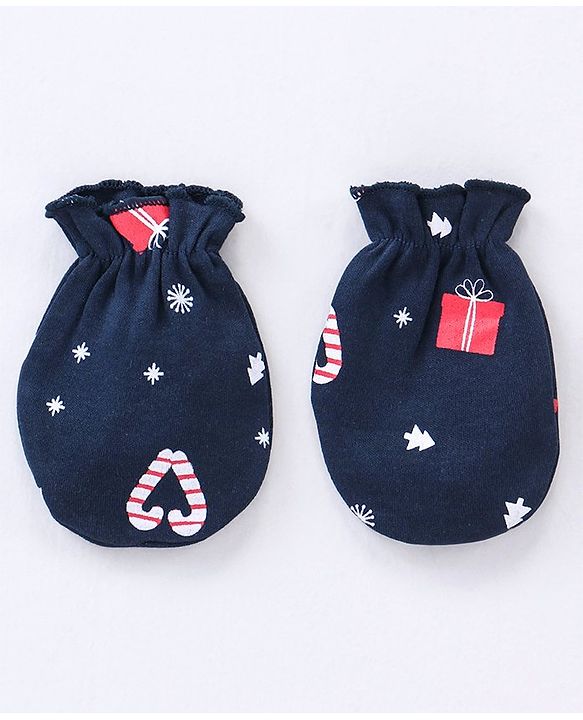 Babyhug 100% Cotton Cap Mittens & Booties Set Christmas Theme Print - Navy