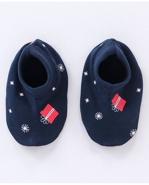 Babyhug 100% Cotton Cap Mittens & Booties Set Christmas Theme Print - Navy