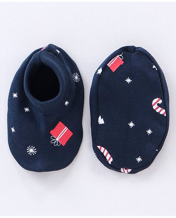 Babyhug 100% Cotton Cap Mittens & Booties Set Christmas Theme Print - Navy