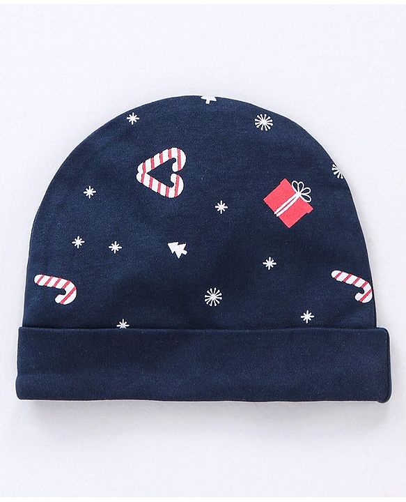 Babyhug 100% Cotton Cap Mittens & Booties Set Christmas Theme Print - Navy