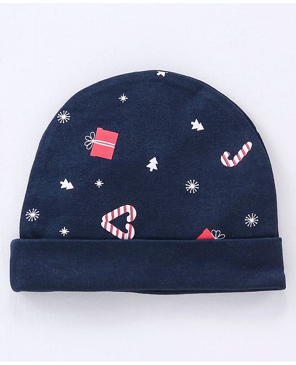 Babyhug 100% Cotton Cap Mittens & Booties Set Christmas Theme Print - Navy